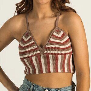 Harlow Alexis Crochet Crop Tank Top Boho Bralette Brown Cream Women's Small